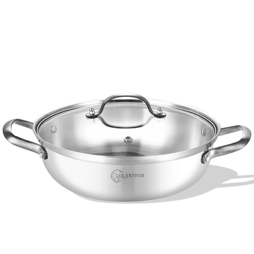 LOLYKITCH 12 inch Stainless Steel Chef's Pan with Lid,Sauté Pan,4 QT Everyday Pan,Kadhai,Induction Deep Frying Pan,Large Skillet,Dishwasher and Oven Safe.
