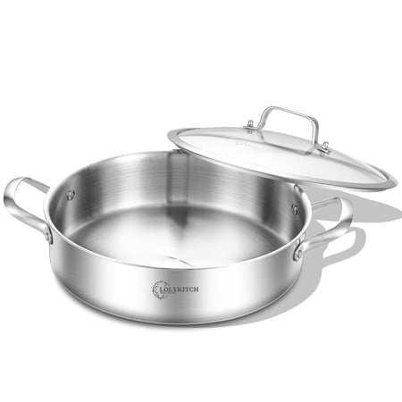 LOLYKITCH Tri-ply Stainless Steel 6QT Sauté Pan with Lid,12 inch Deep Frying pan,Jumbo Cooker,Dishwasher and Oven Safe.