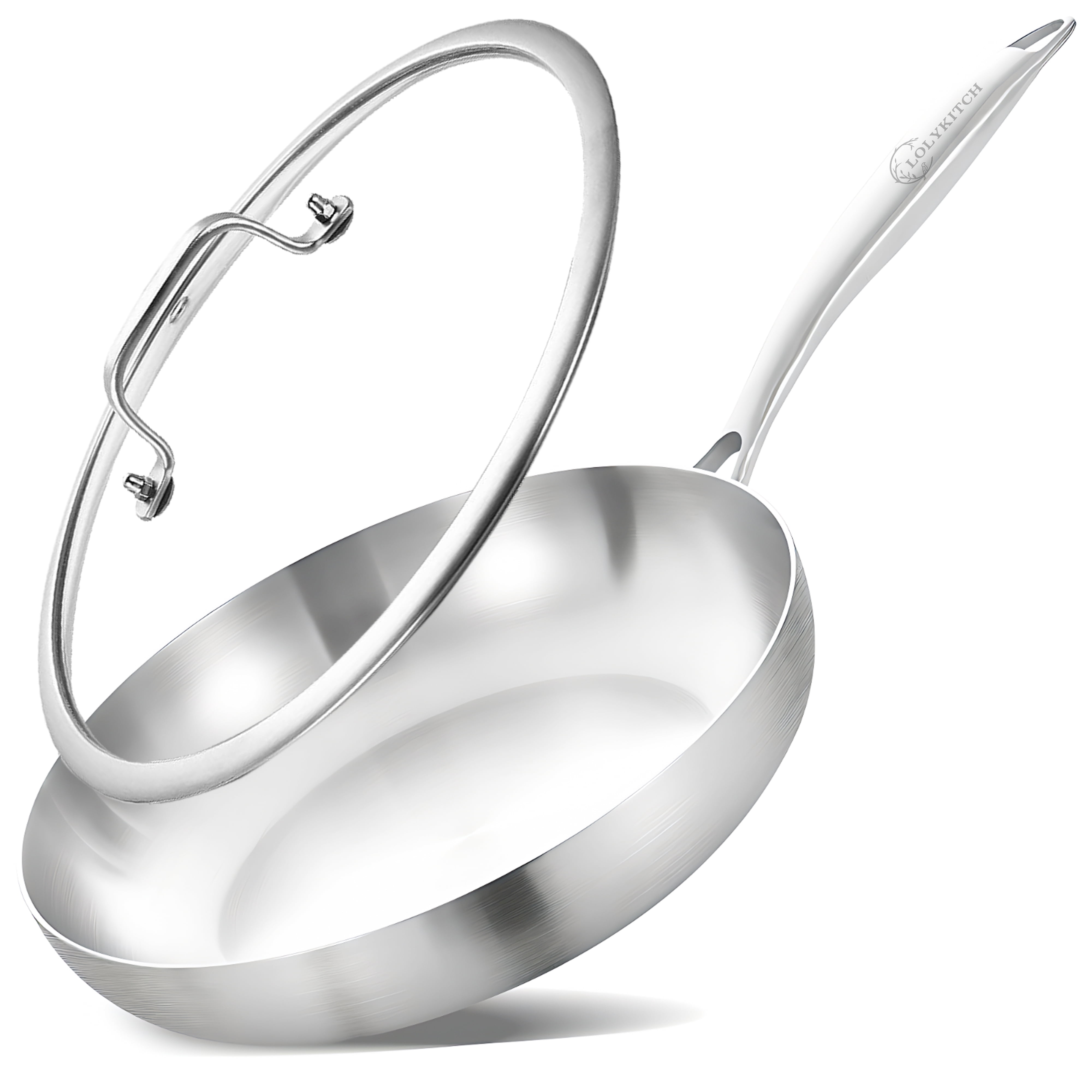 LOLYKITCH Stainless Steel Frying Pan with Lid,12 inch Tri-ply Skillet,Induction Pan,Dishwasher and Oven Safe,Detachable Handle.