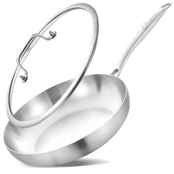 LOLYKITCH Stainless Steel Frying Pan with Lid,12 inch Tri-ply Skillet,Induction Pan,Dishwasher and Oven Safe,Detachable Handle.