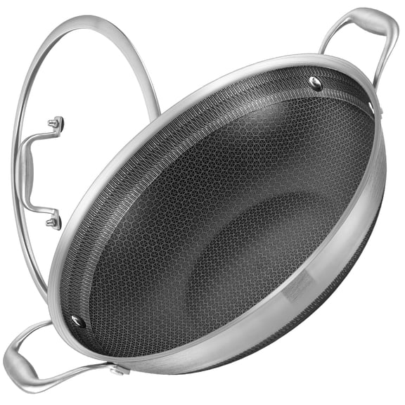 LOLYKITCH 13 inch New Hybrid Tri-Ply Stainless Steel Wok Pan with Lid,Ceramic Non Stick Stir-Fry Pans,Induction Cooking Pot,Dishwasher and Oven Safe.
