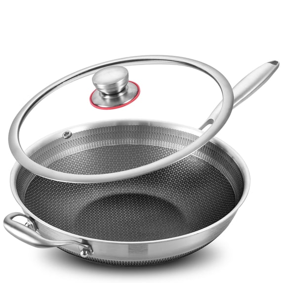 LOLYKITCH 13 inch Nonstick Wok & Stir-fry Pan with Lid, Induction Compatible,Tri-ply Stainless Steel Ceramic Coating Cookware,Perfect for Stir-frying,Sauté,and Simmering,Dishwasher and Oven Safe.