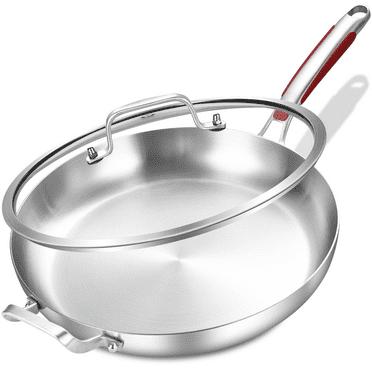 LOLYKITCH Tri-ply Stainless Steel Frying Pan with Lid,14 inch Large Skillet,Induction Cooking Pan,Dishwasher and Oven Safe.