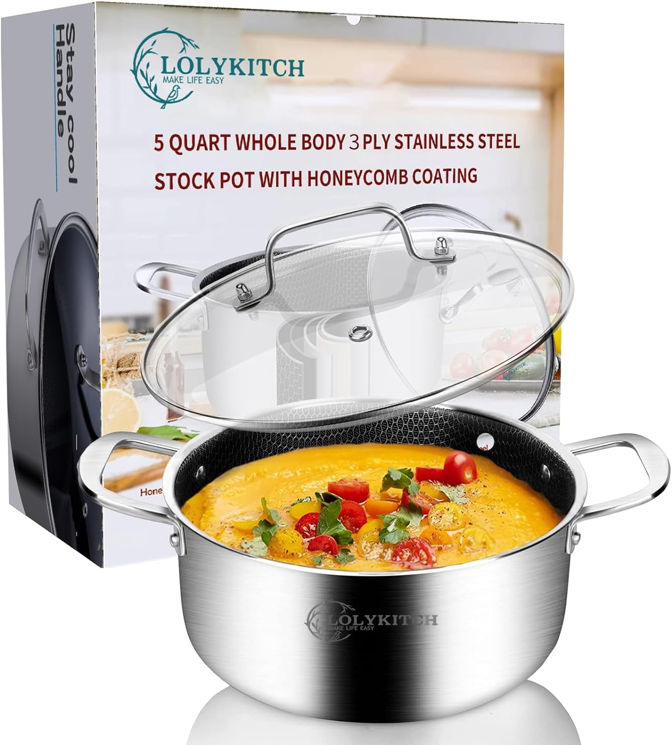LOLYKITCH Tri-ply Hybrid Stainless Steel Stock Pot with Lid,Non-Stick Induction Cooking Pot,Dishwasher and Oven Safe.