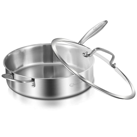 LOLYKITCH Tri-ply Stainless Steel 5QT Sauté Pan with Lid,12 inch Deep Frying Pan,Large Skillet,Induction Cooking Pan,Dishwasher and Oven Safe.