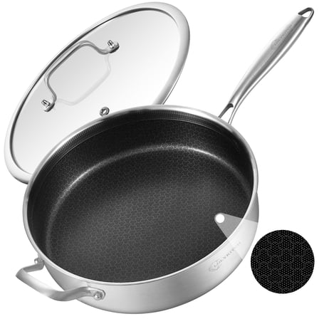 LOLYKITCH Tri-Ply Stainless Steel Non- stick 6 QT Saute Pan with Lid,12 inch Deep Frying Pan,Jumbo Cooker,Dishwasher and Oven Safe,Detachable Handle