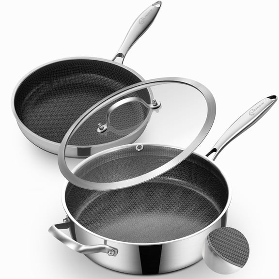 LOLYKITCH 7 Quarts Hybrid Ceramic Nonstick Tri-Ply Stainless Steel Sauté and 12 Fry Pan Set with Lid,Induction Cookware,Dishwasher and Oven Safe,Detachable Handle.