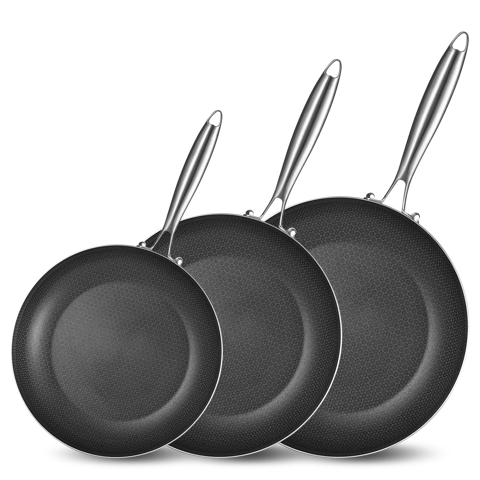 LOLYKITCH 8-10-12 Inch Tri-ply Hybrid Stainless Steel Non-stick Frying Pan Set,Saute Pan,Skillets,Induction Pan,Pots and Pans Set,Oven and Dishwasher Safe.(Detachable Handle)