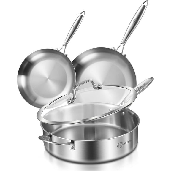 LOLYKITCH 8-10 inch Tri-ply Stainless Steel Frying Pans and 6QT Sauté Pan with Lid,Skillets,Cookware Set,Pot and Pan Set,Dishwasher and Oven Safe,Detachable Handle.