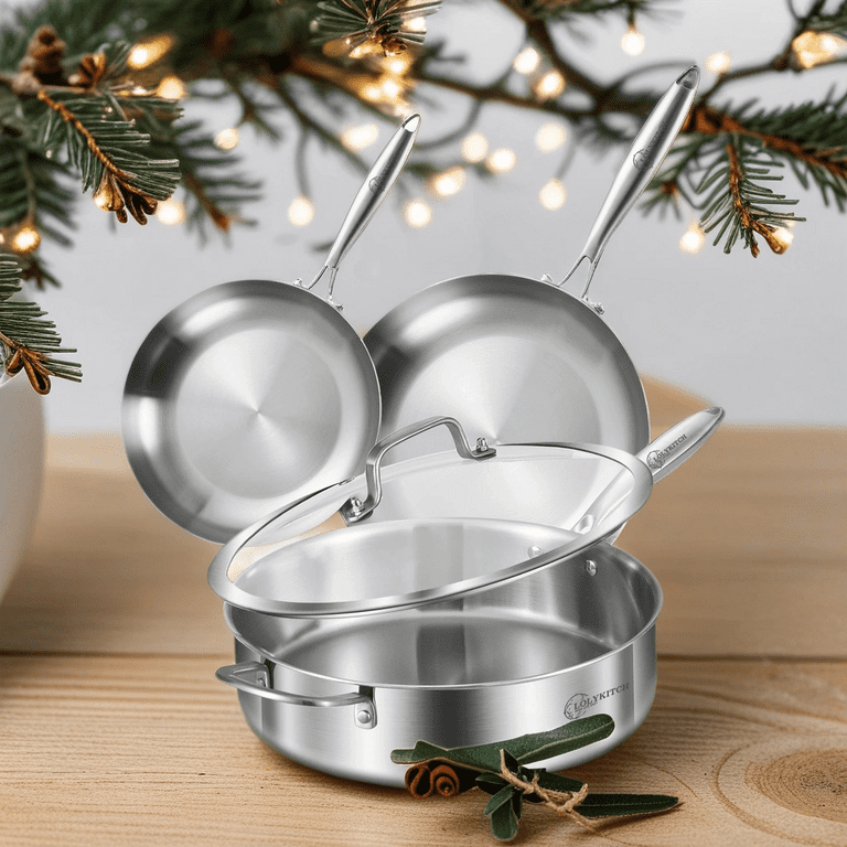 LOLYKITCH 10-12 Inch Tri-ply Stainless Steel Frying Pan Set