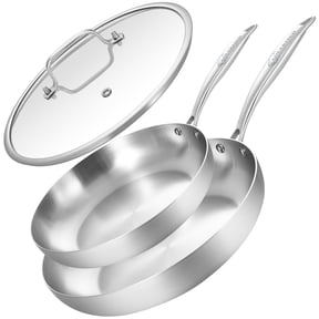 LOLYKITCH Tri-ply Stainless Steel Frying Pan Set with a Lid,8.5-10 inch Skillets,Induction Cooking Pan,Dishwasher and Oven Safe,Rivet Handle.