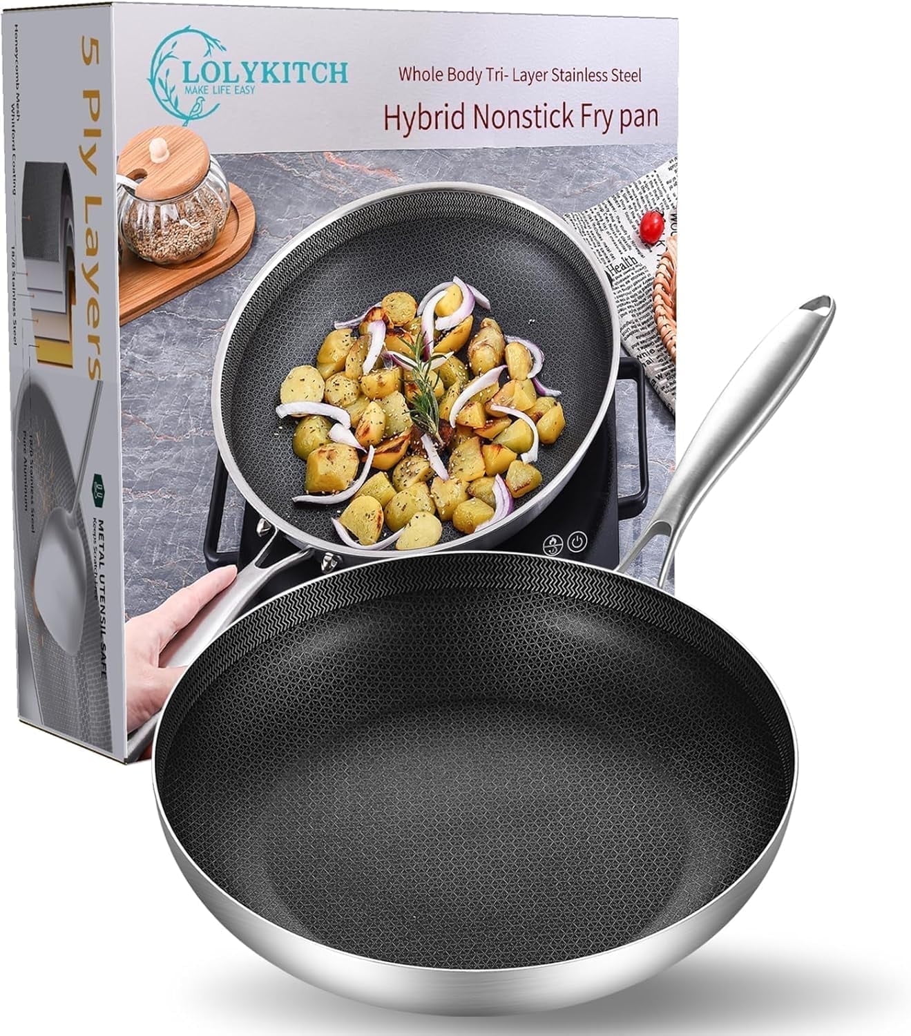 LOLYKITCH 11 Inch Tri-Ply Stainless Steel Sauté Pan with Lid,3.5 QT Everyday Pan,Kadhai,Induction Cooking Pan,Dishwasher and Oven Safe