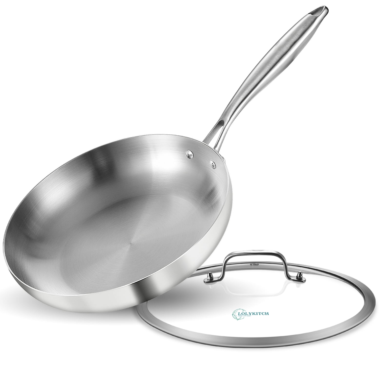 LOLYKITCH 8 inch Tri-ply Stainless Steel Chef's Pan,Frying Pan with Lid,Skillet,Induction Pan,Cook Pot and Pan Set,Dishwasher and Oven Safe.(Rivet Handle)
