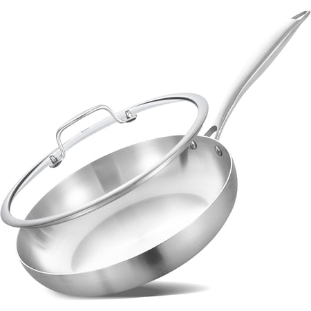 LOLYKITCH Tri-ply Stainless Steel Frying Pan with Lid,8 inch Small Skillet,Induction Pan,Dishwasher and Oven Safe,Rivet Handle.