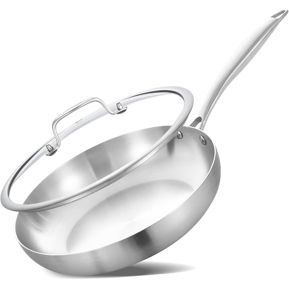 LOLYKITCH Tri-ply Stainless Steel Frying Pan with Lid,8 inch Small Skillet,Induction Pan,Dishwasher and Oven Safe,Rivet Handle.