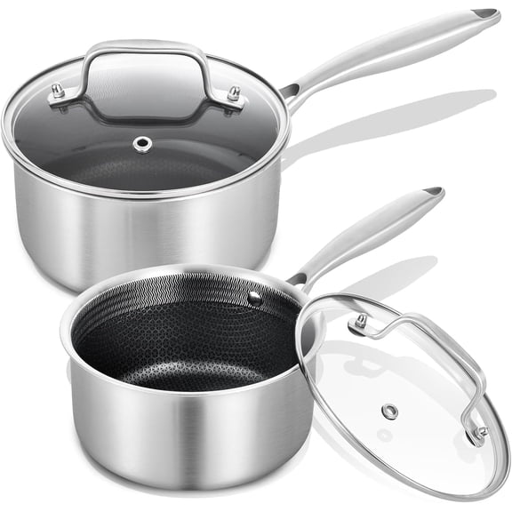 LOLYKITCH Tri-ply Hybrid Stainless Steel Non-Stick Saucepan Set,Sauce Pots,Induction Cooking Pot Set,Dishwasher and Oven Safe,1.5QT & 2.5QT.