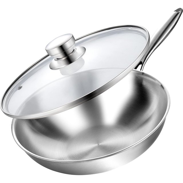 LOLYKITCH Tri-Ply 13 Inch Stainless Steel Wok Pan with Lid, Stir-Frying ...