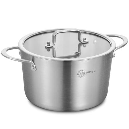 LOLYKITCH Tri-ply Stainless Steel 5QT Stock Pot with Lid,Induction Cooking Pot,Dishwasher and Oven Safe.