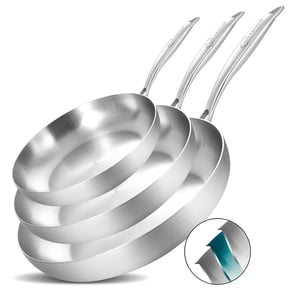LOLYKITCH Tri-Ply Stainless Steel Pan Set, 8.5-inch, 10-inch, 12-inch Frying Pan Set, Induction & Oven Safe,Detachable Handle.