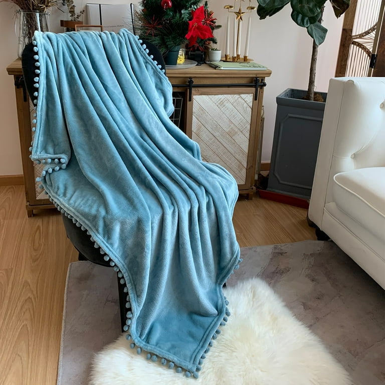 Lomao flannel blanket with pompom fringe lightweight cozy bed blanket soft throw blanket fit couch sofa suitable for all season sale