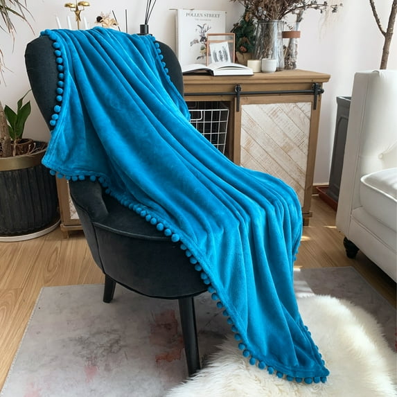 LOMAO Flannel Blanket Soft Throw Blanket with Pompom Fringe Lightweight Bed Blanket Fit Couch Sofa(60"x 80")(Lake Blue)