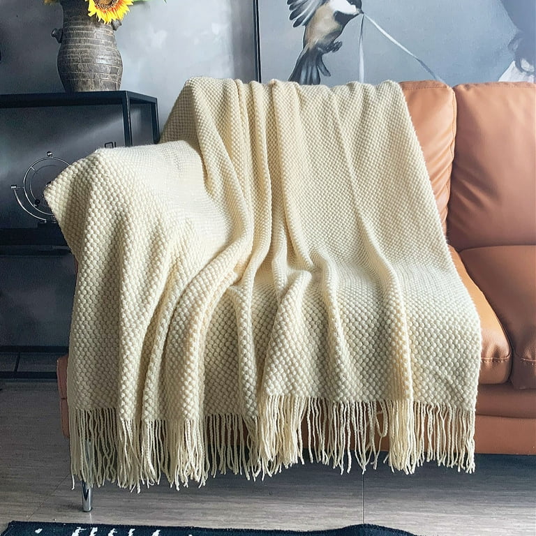 LOMAO Knitted Throw Blanket with Tassels Bubble Textured Lightweight Throws for Bed Chair Sofa Living Room Home Decor Cream 50 60 in
