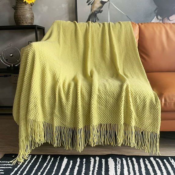 LOMAO Knitted Throw Blanket with Tassels Bubble Textured Lightweight Throws for Bed,Chair,Sofa,Living Room,Home Decor (Lemon Yellow,50*60 in)