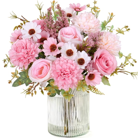 LOMOHOO Artificial Flowers Fake Pink Flowers Bouquet 2 Pack Silk Roses with Daisy Chrysanthemum Like Real Pink Artificial Flowers Floral Arrangement for Centerpiece Table Wedding Party Decor