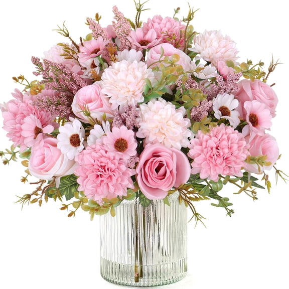LOMOHOO 4 Pack Pink Artificial Silk Flowers Rose Daisy Fake Bouquet for Table Setting Faux Fall Flowers Arrangement for Wedding Party Home Decor