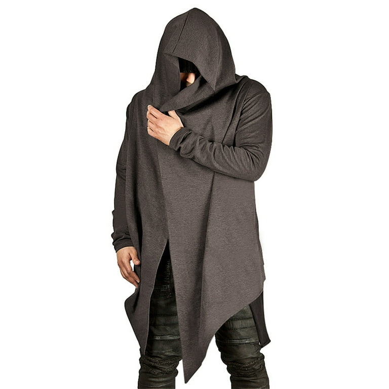 LOMON Mens Draped Cardigans Long Sleeve with Hooded Pockets Long Shawl Ruffle