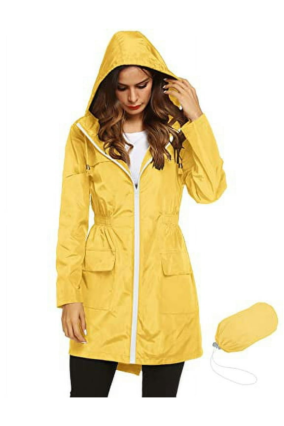 Women Waterproof Lightweight Rain Jacket Active Outdoor Hooded Raincoat (M, yellow)