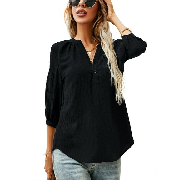 LOMON Women's 3/4 Sleeve V Neck Button Up Pleated Back Blouses Dot Blouse Tops Shirts