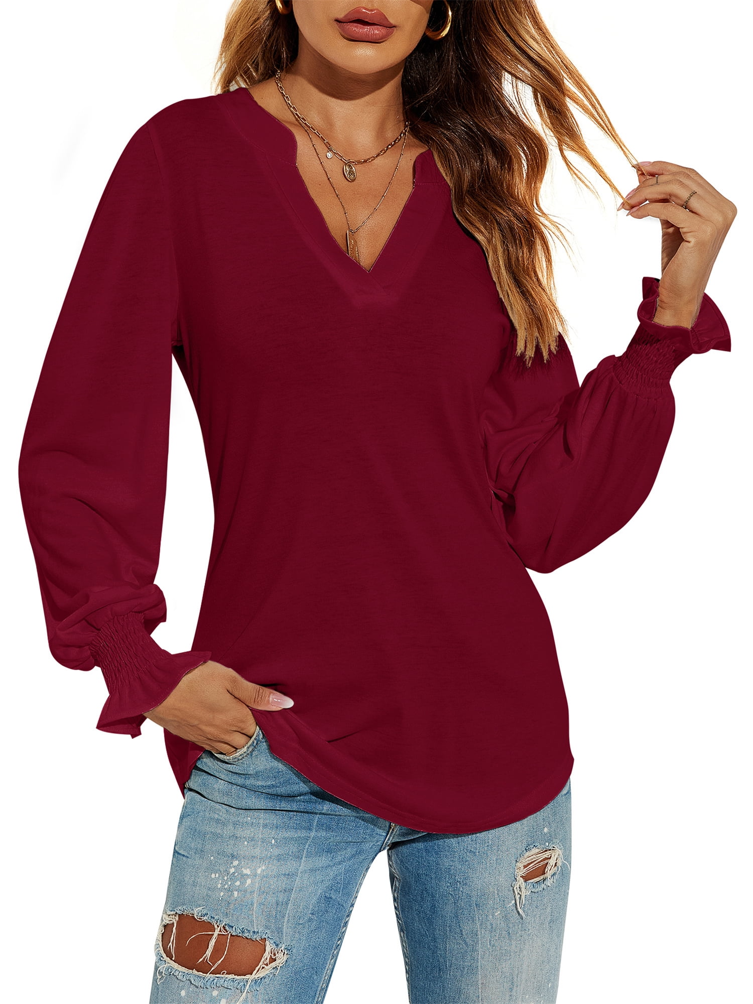 LOMON Women's Casual Puff Long Sleeve Tunic Tops V-Neck Pleated Flare  Blouse T-Shirts with Smocked Cuffs