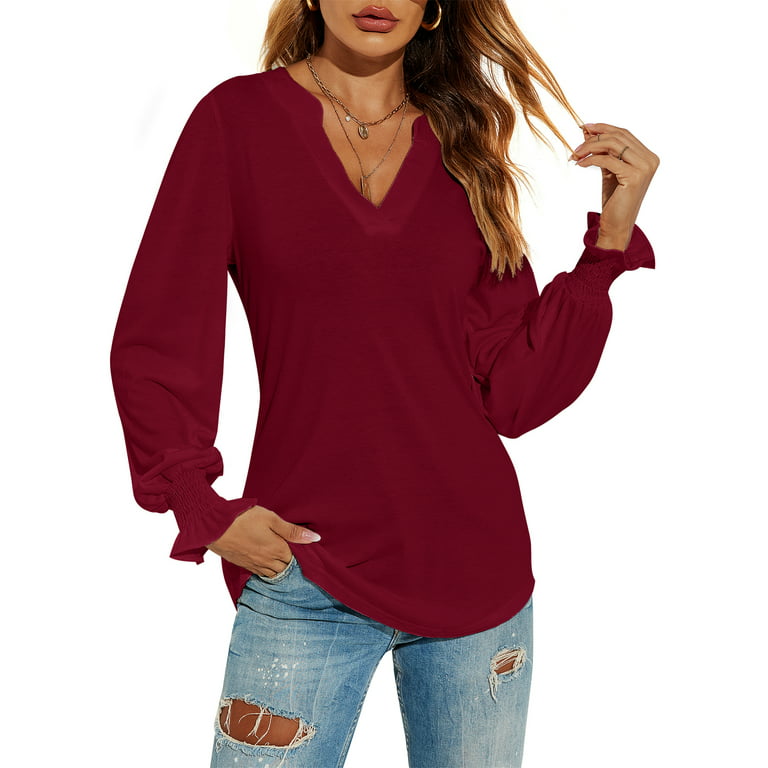 LOMON Women's Casual Puff Long Sleeve Tunic Tops V-Neck Pleated Flare  Blouse T-Shirts with Smocked Cuffs