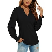 LOMON Women's Casual Puff Long Sleeve Tunic Tops V-Neck Pleated Flare Blouse T-Shirts with Smocked Cuffs