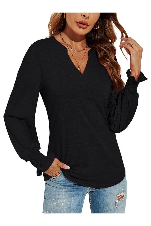 Women's Casual Puff Long Sleeve Tunic Tops V-Neck Pleated Flare Blouse T-Shirts with Smocked Cuffs