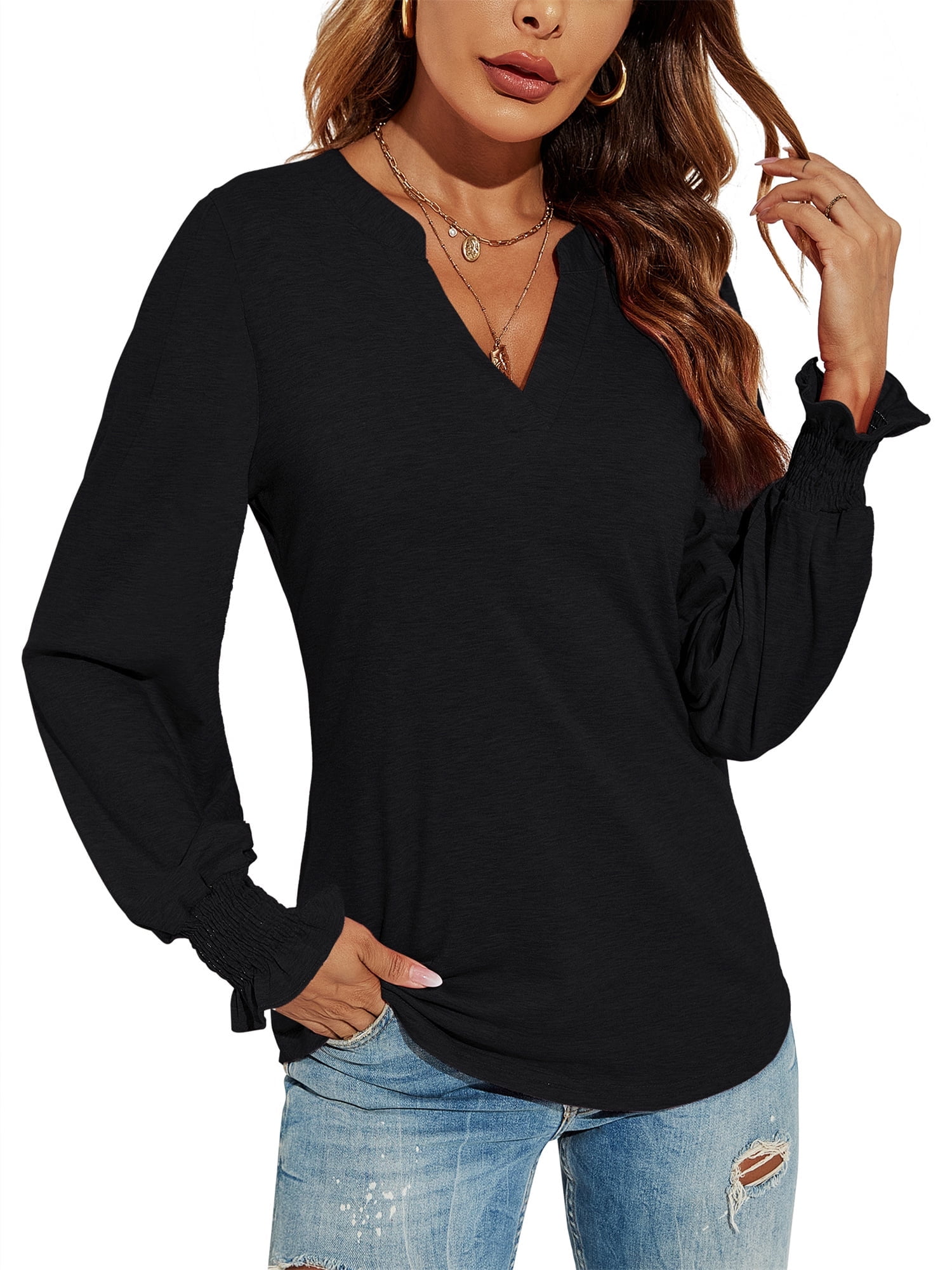 LOMON Women's Casual Puff Long Sleeve Tunic Tops V-Neck Pleated Flare ...