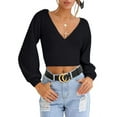 thumbnail image 1 of LOMON Women's Knitted Crop Deep V-Neck Long Sleeve Pullover Cross Wrap Front Loose Pullover Sweater, 1 of 8