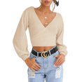 thumbnail image 1 of LOMON Women's Knitted Crop Deep V-Neck Long Sleeve Pullover Cross Wrap Front Loose Pullover Sweater, 1 of 7