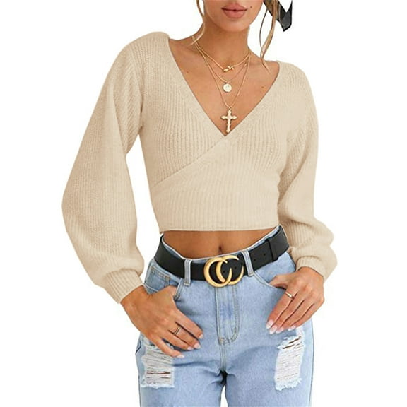 LOMON Women's Knitted Crop Deep V-Neck Long Sleeve Pullover Cross Wrap Front Loose Pullover Sweater
