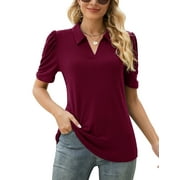 LOMON Women's Puff Short Sleeve Polo Shirts V Neck Casual Collared Tops Work Tunic Blouses
