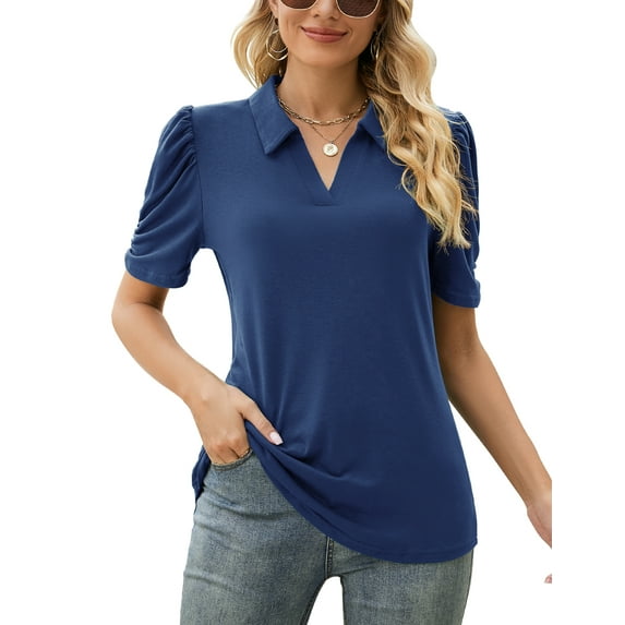 LOMON Women's Puff Short Sleeve Polo Shirts V Neck Casual Collared Tops Work Tunic Blouses