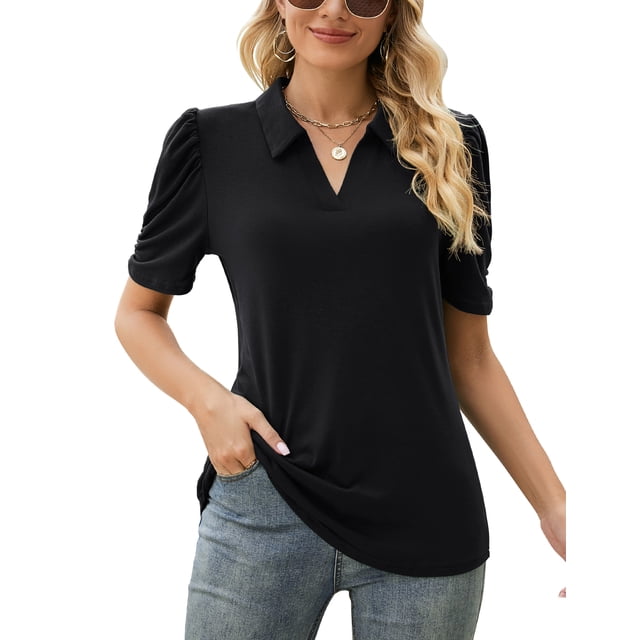 LOMON Women's Puff Short Sleeve Polo Shirts V Neck Casual Collared Tops ...