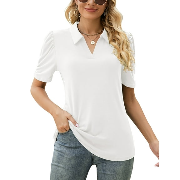 LOMON Women's Puff Short Sleeve Polo Shirts V Neck Casual Collared Tops Work Tunic Blouses