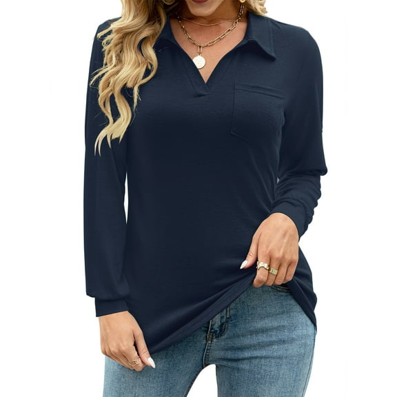 LOMON Womens V Neck Polo Shirts Short/Long Sleeve Collared Tops Loose Casual Tunic Blouses with Pocket