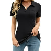 LOMON Womens V Neck Polo Shirts Short/Long Sleeve Collared Tops Loose Casual Tunic Blouses with Pocket