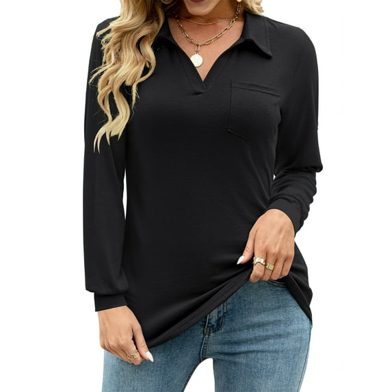 LOMON Womens V Neck Polo Shirts Short/Long Sleeve Collared Tops Loose Casual Tunic Blouses with Pocket