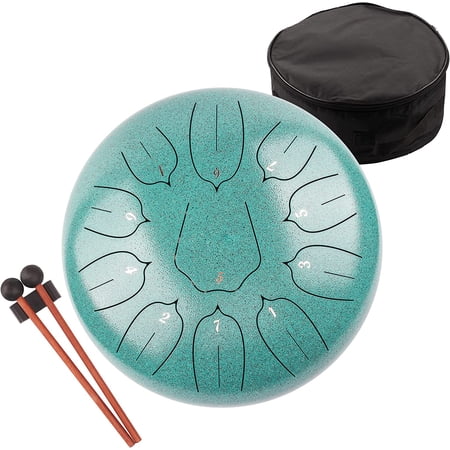 LOMUTY Steel Tongue Drum 11 Notes 12 inches Handpan Drum Percussion Instruments with Bag, Music Book, Mallets and Bracket(Malachite Green)
