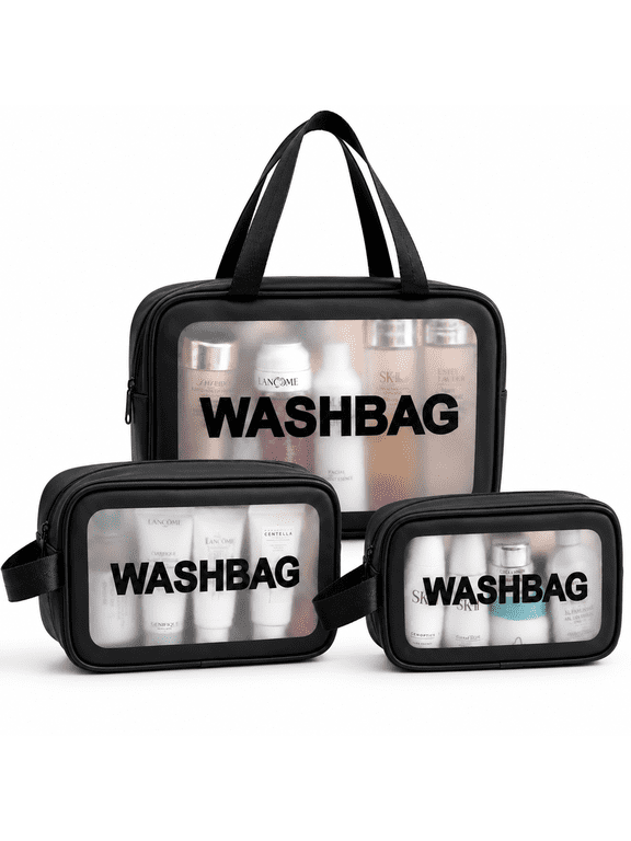 3 Pcs Travel Makeup Bag Set, Translucent PVC Toiletry Bags for Women, Water-Resistant Cosmetic Organizer Pouch for Travel, Bathroom, Gym, Dorm - Classic Black