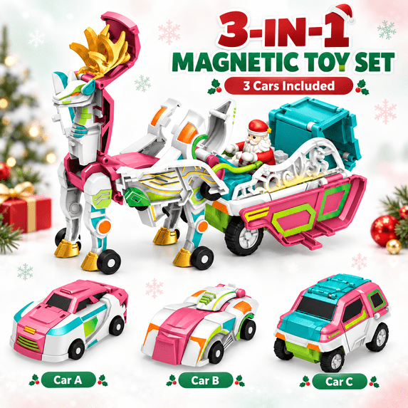 LOMYOLO 3-in-1 Collision Transforming Car Toys, 3 Magnetic Race Cars Combine into Santa Reindeer Sleigh with Lights and Music, Christmas Gift for Kids Ages 3-6